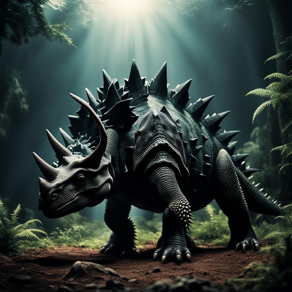 Dramatic Black Stegosaurus Cinematic Film Still