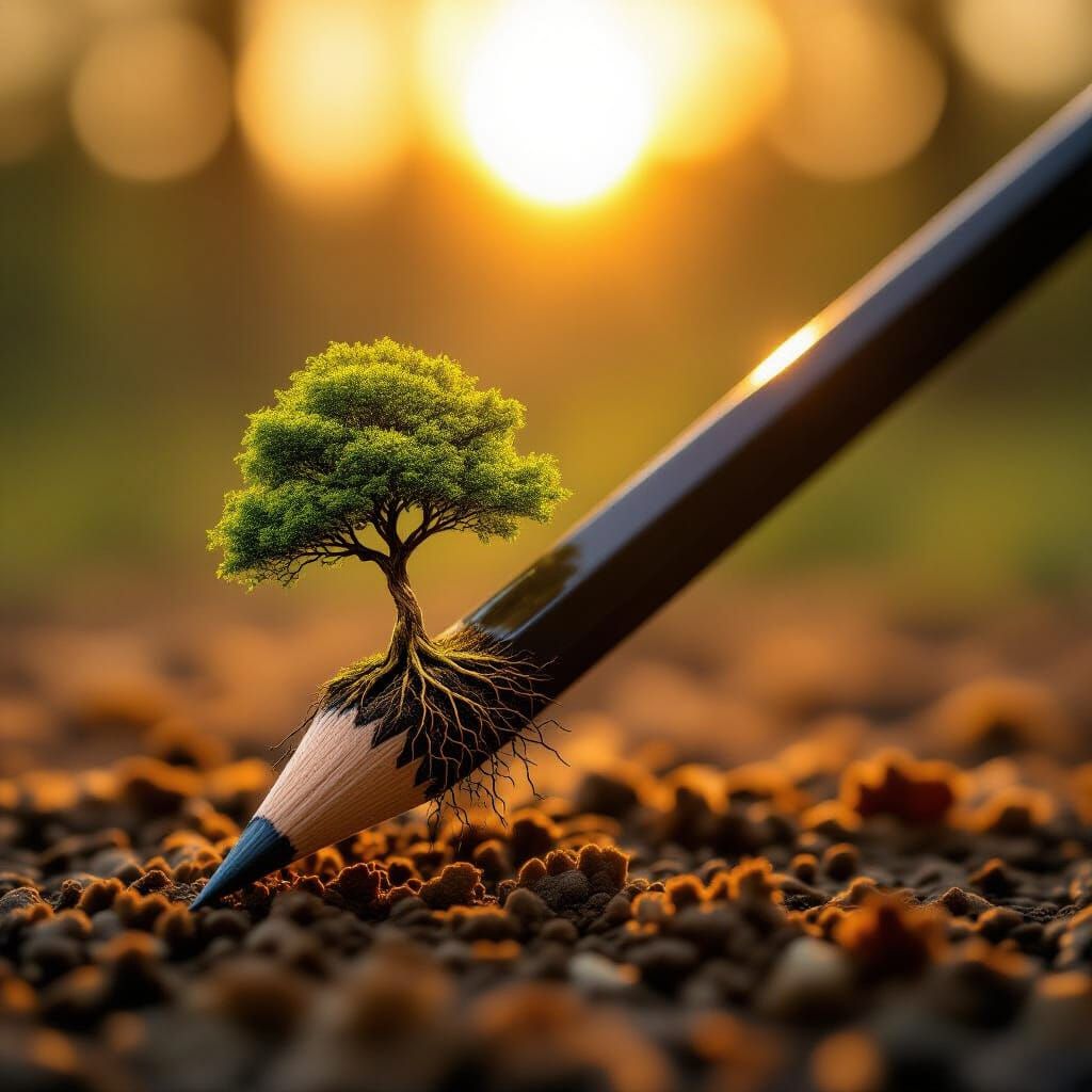 Pencil Transforms into Tree in Golden Forest Light