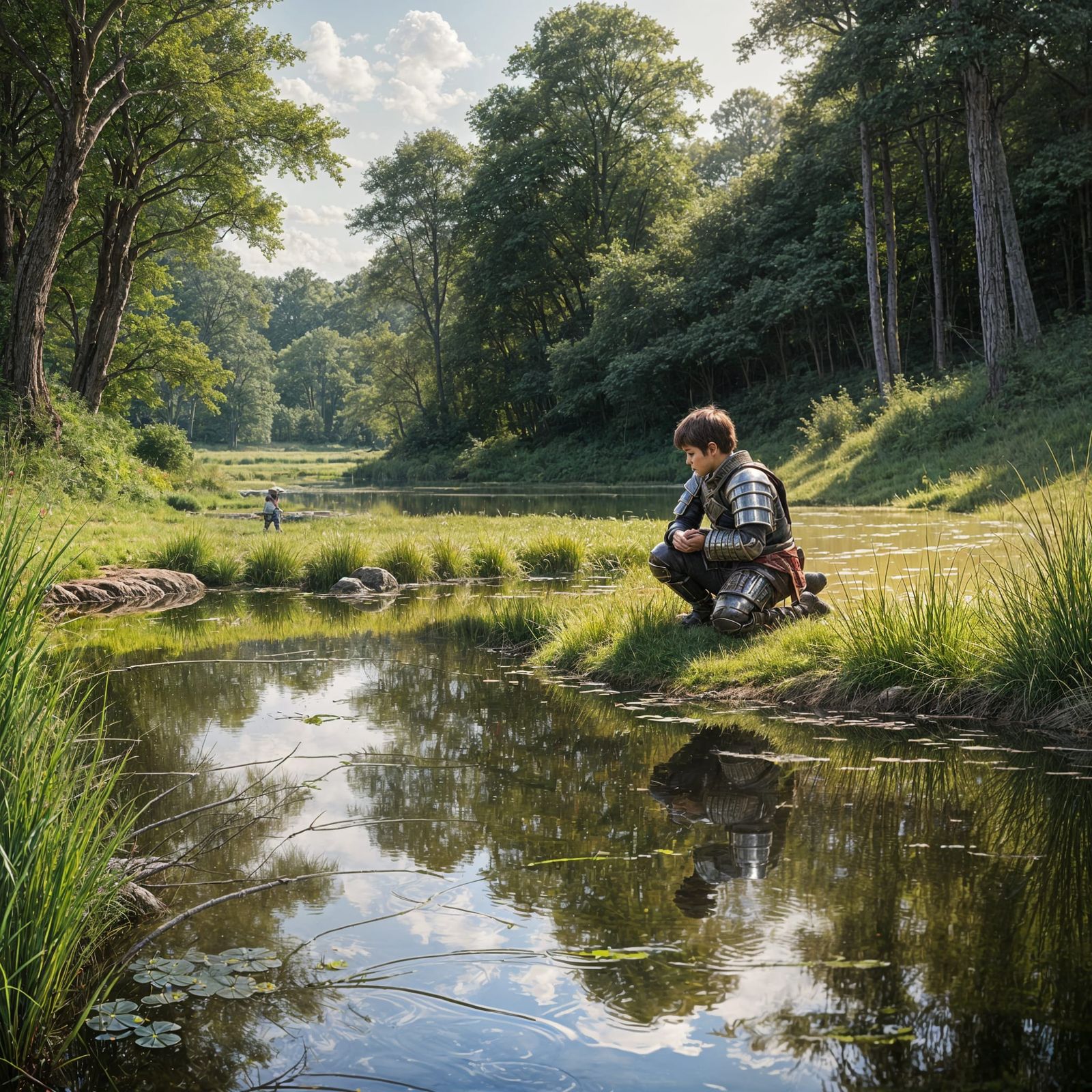 Boy and Warrior Reflection in Forest Pond