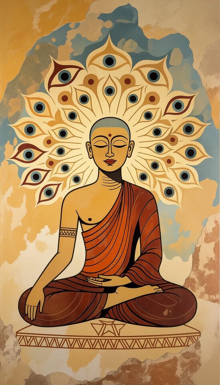 Stylized Cave Painting of Meditative Figure with Almond Eyes
