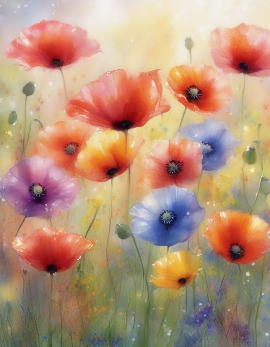 Vibrant Rainbow Poppies in Wet Brush Watercolour Style
