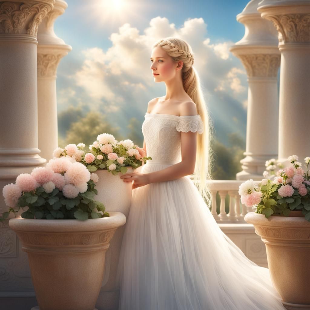 Beautiful Blonde Princess on Palace Terrace in Hyperrealism