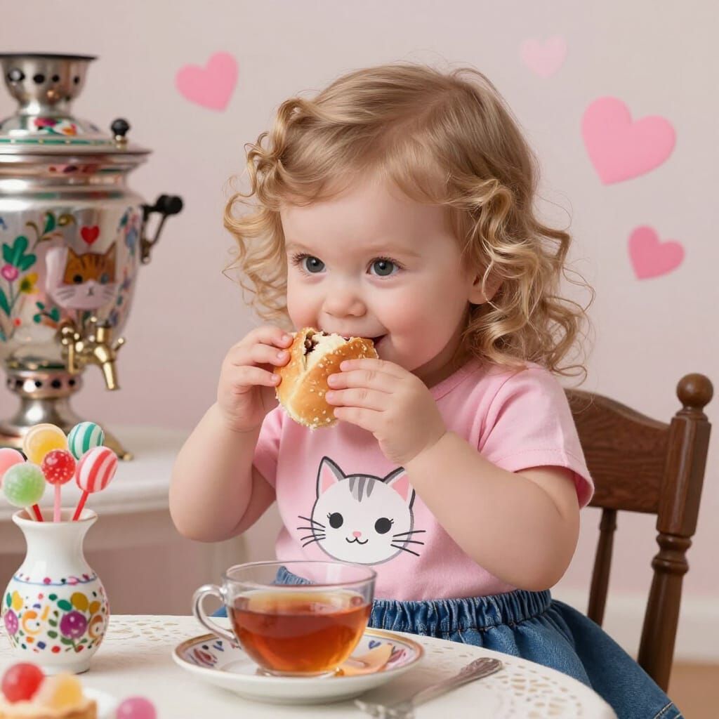 Sweet Baby Toddler with Curly Hair Drinking Tea