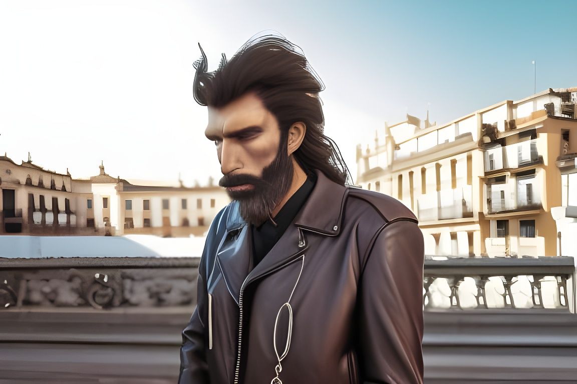 Claymation portrait of a Spanish longhaired man with a leather jacket and silver jewelry. Close-up portrait. Realistic. ...