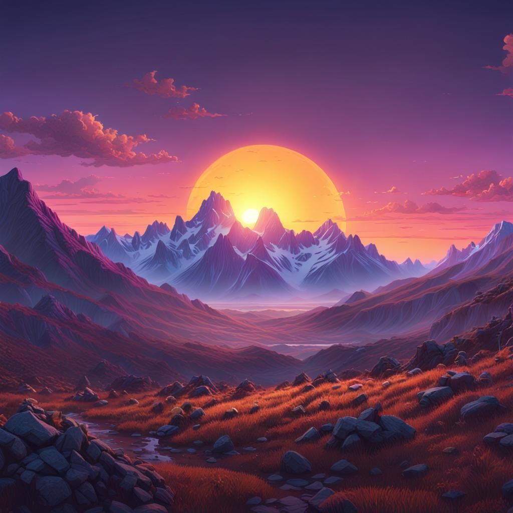 Majestic Sunset Over Mountain Range: Digital Matte Painting