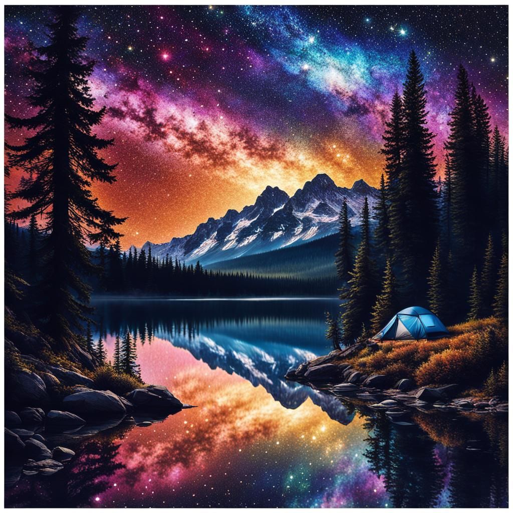 Starry Night Camping Landscape with Glittering Stars