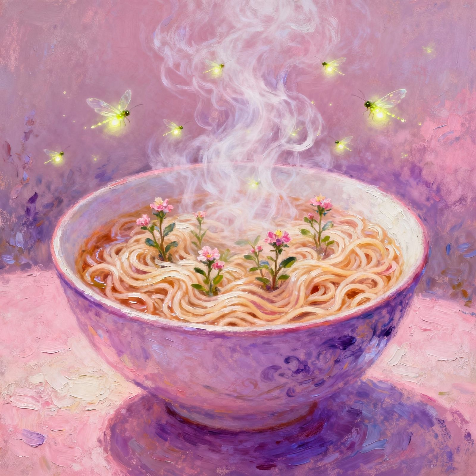 Enchanted Ramen Bowl with Blooming Plants in Monet Style
