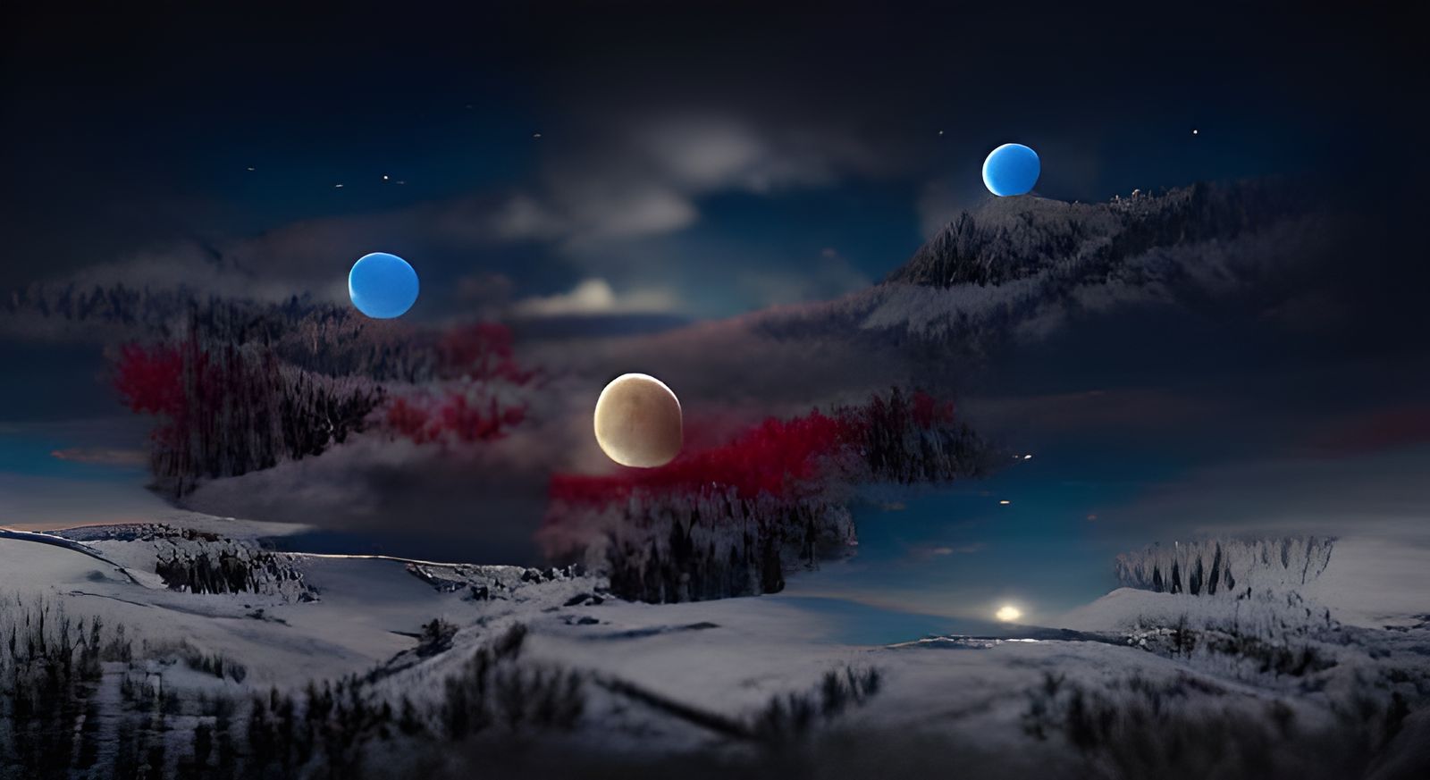 Red and Blue Moons in Winter Night Sky