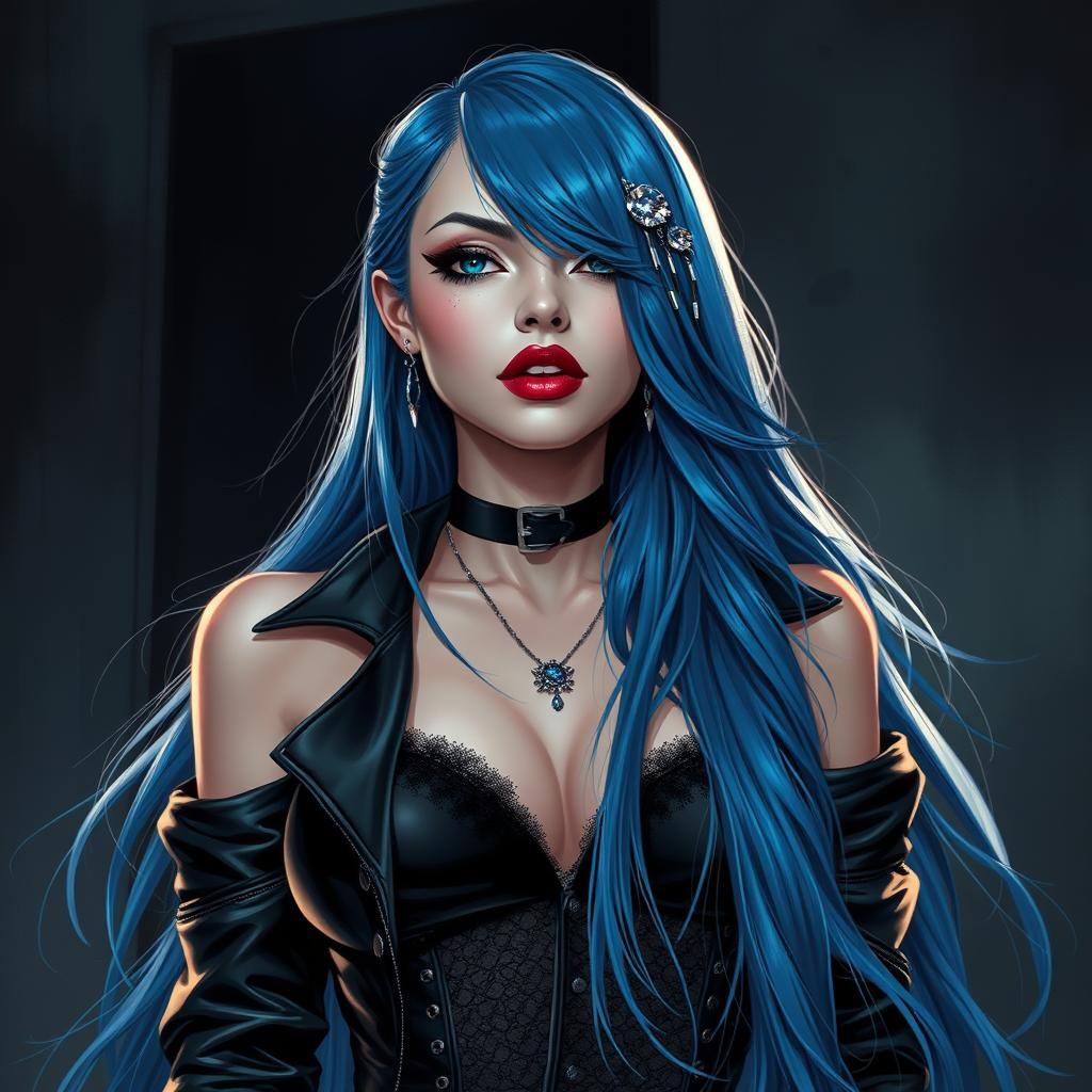 Blue-Haired Woman in Dark Comic Book Style
