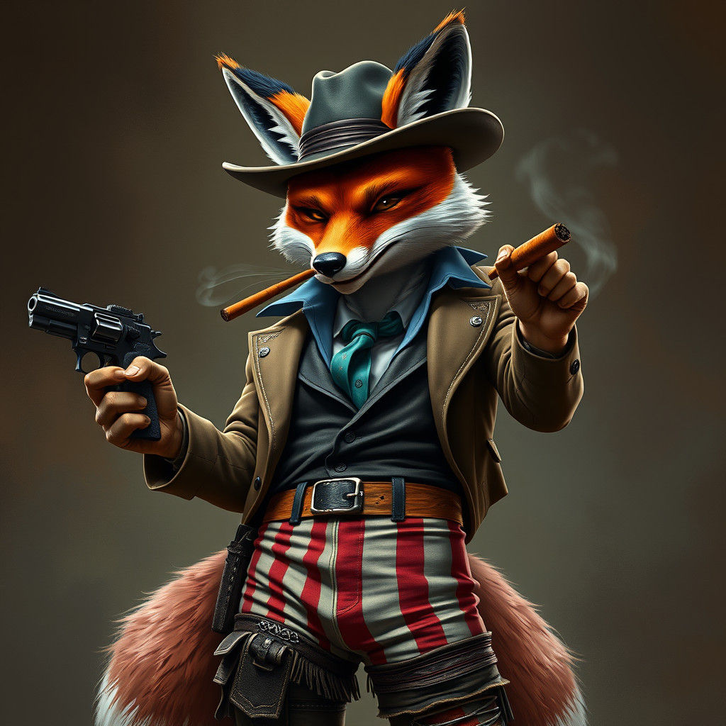 Dapper Fox Smoking Cigar with Pistol, Fantasy Concept Art