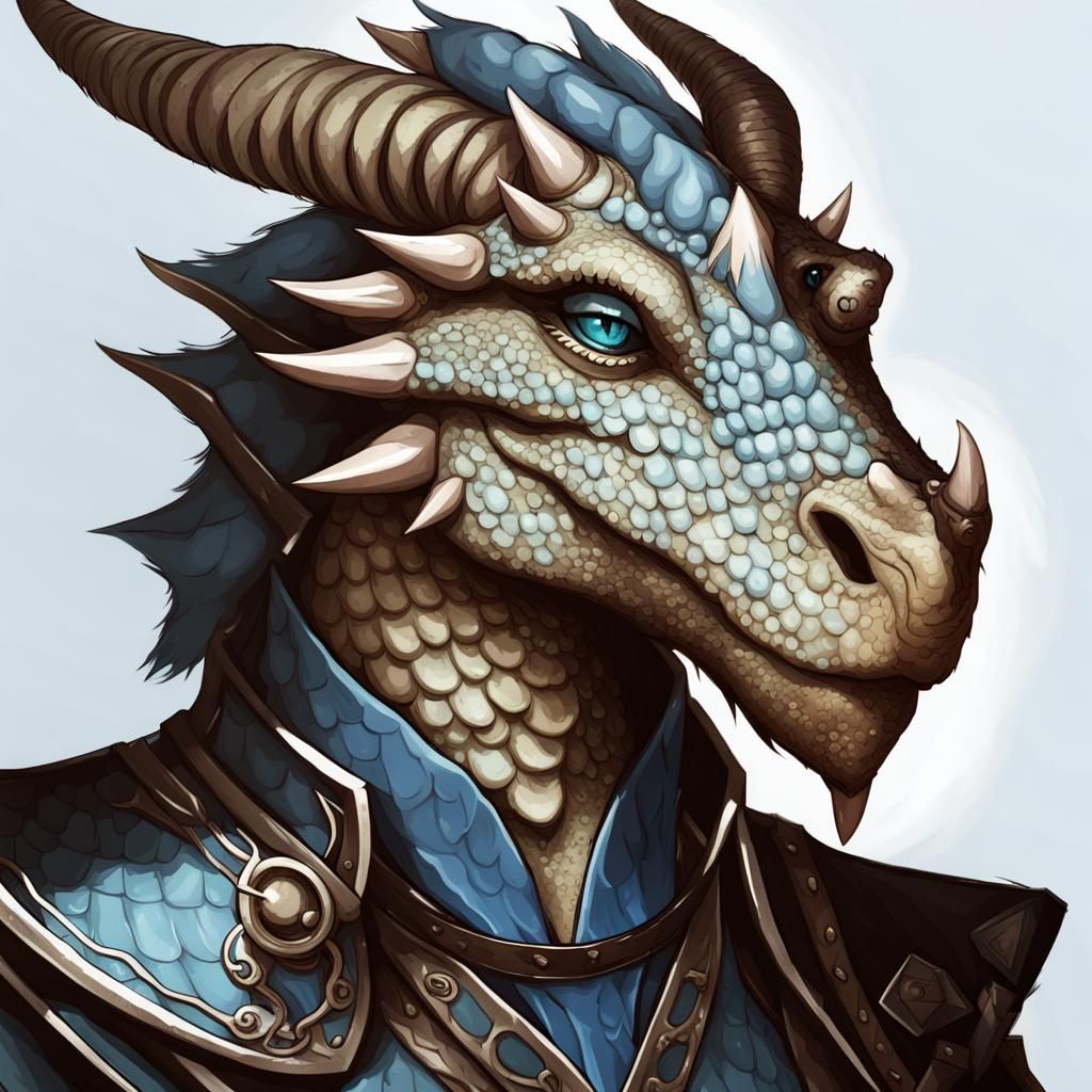 Elegant Blue/Silver Dragonborn DnD character