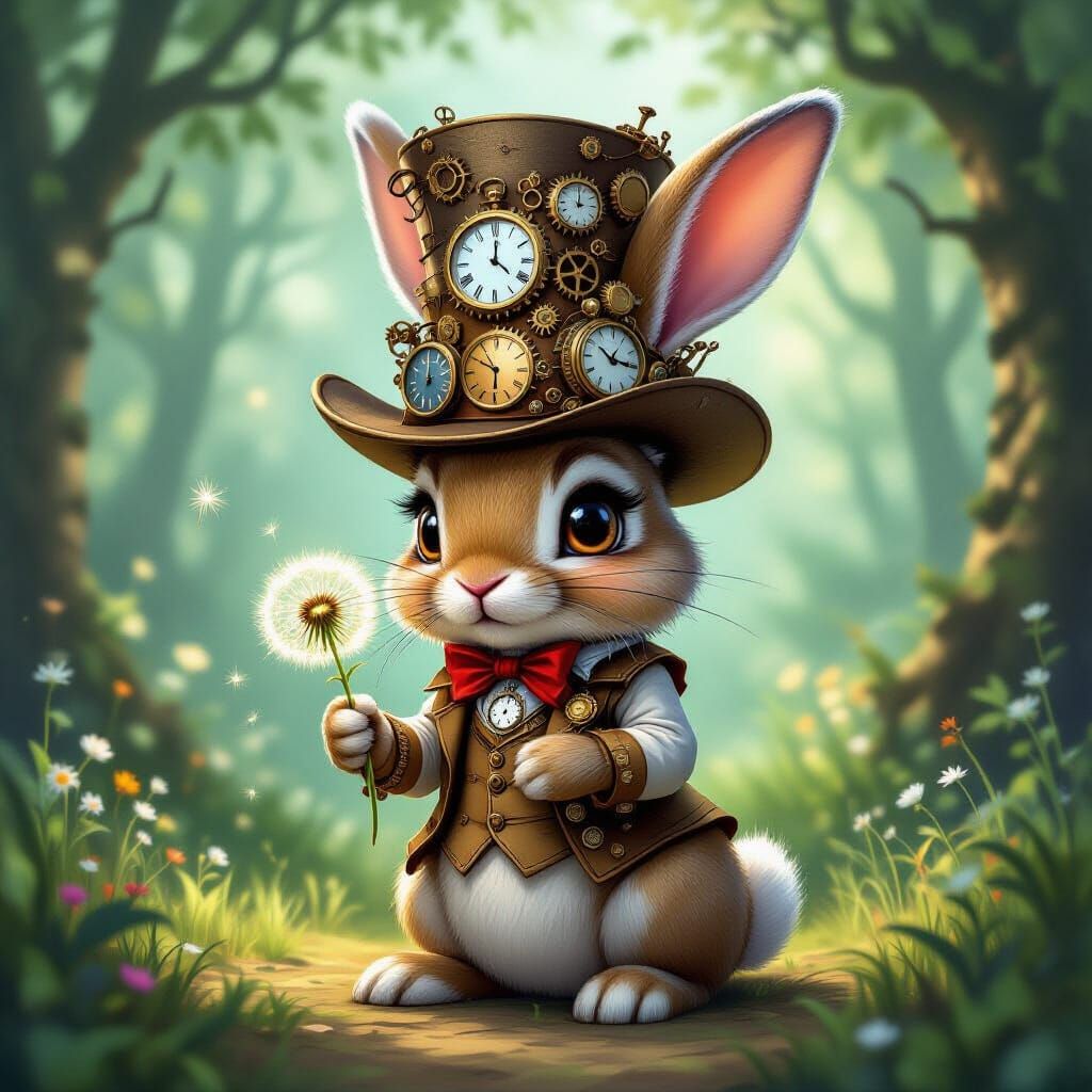 Steampunk Rabbit in Enchanted Forest with Watch Hat