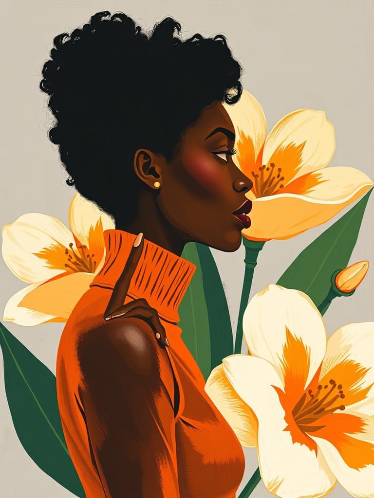 Woman in Profile Surrounded by Stylized Flowers