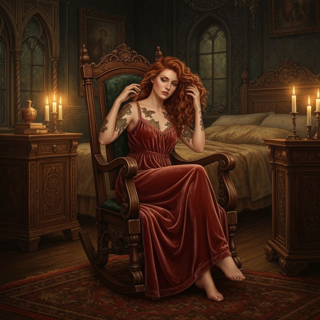 Woman with Jungle Cat Tattoos in Ornate Castle Bedroom