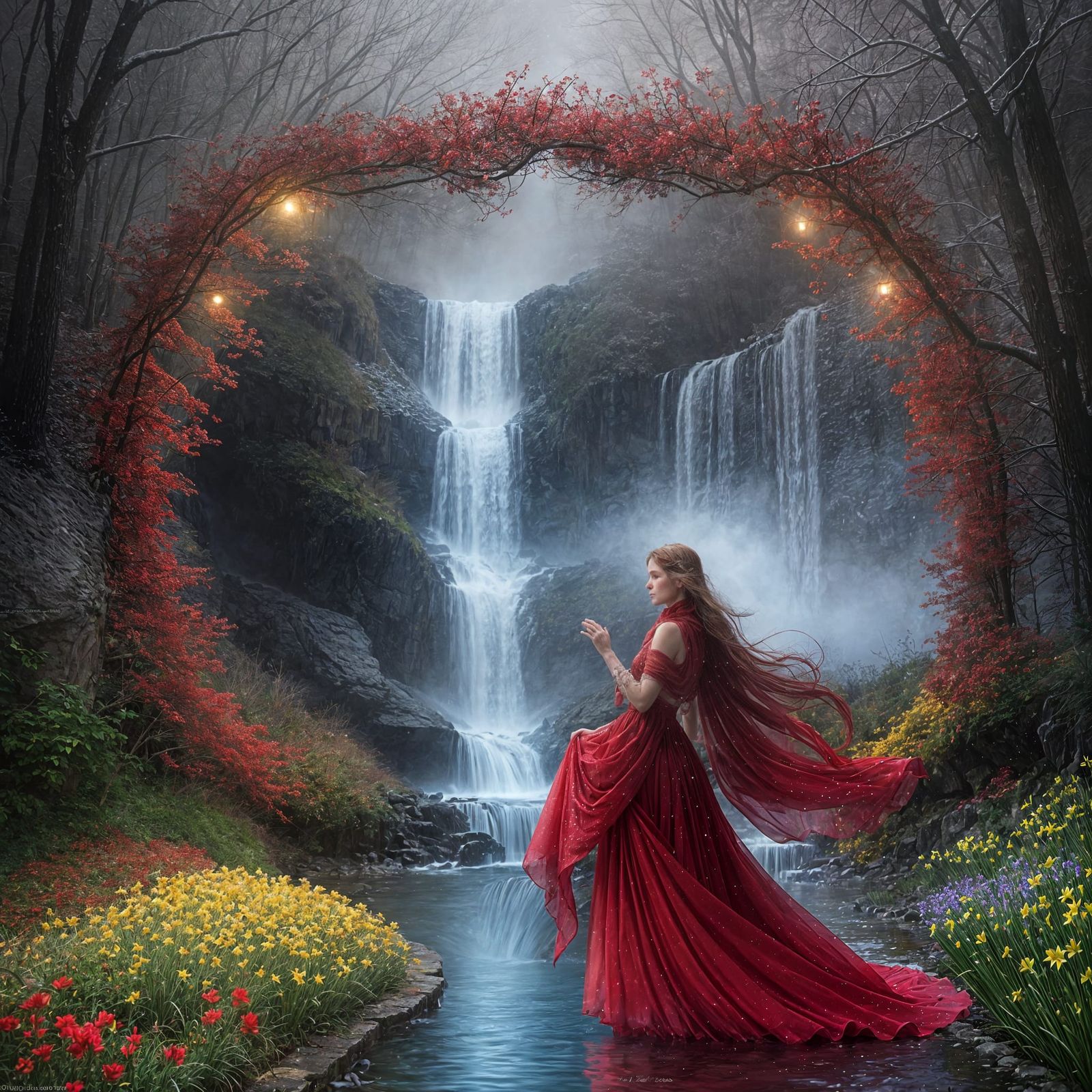 Ethereal Woman in a Waterfall Paradise, Surrounded by Vibran...