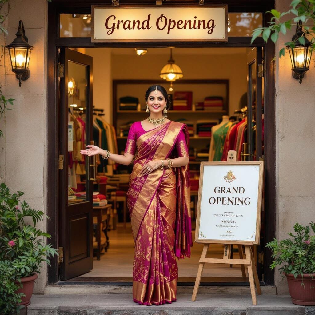 Indian Woman Welcomes Customers to New Tailoring Shop