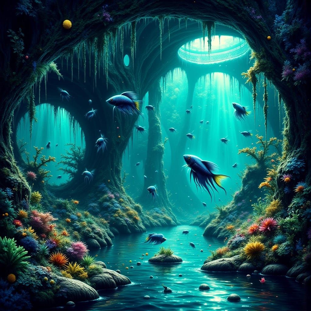 Underwater House with Beta Fish in Vibrant Blues