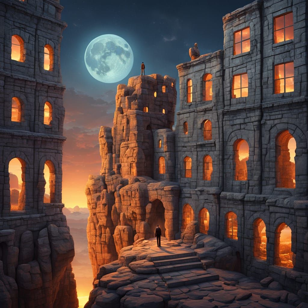 Surreal Stone City at Dusk with Ethereal Glow