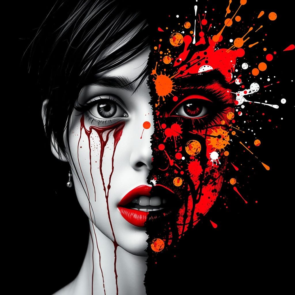 Surrealistic Portrait of a Young Woman in Vibrant Colors and...