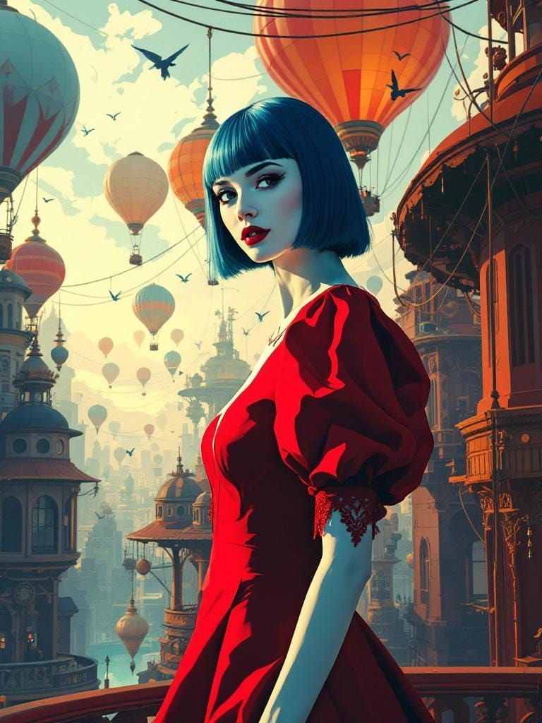 Steampunk Woman in Geometric Color-Blocking Style