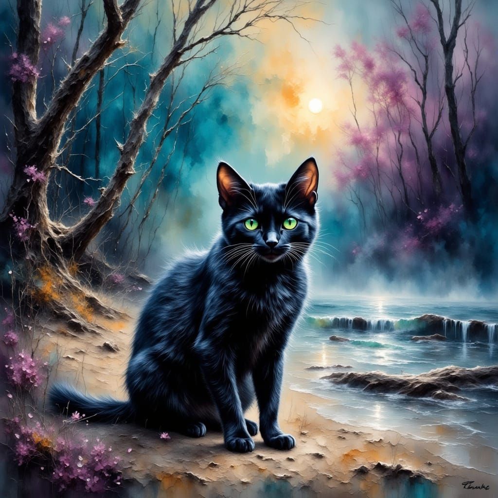 Dreamy Black Cat in Ethereal Landscape