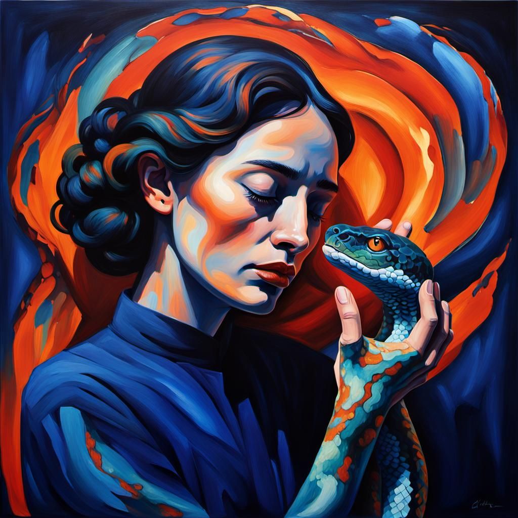 Woman and Snake: An Expressionist Oil Painting
