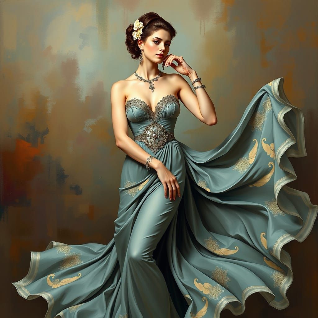 Elegant Woman in Flowing Dress, Alphonse Mucha Style