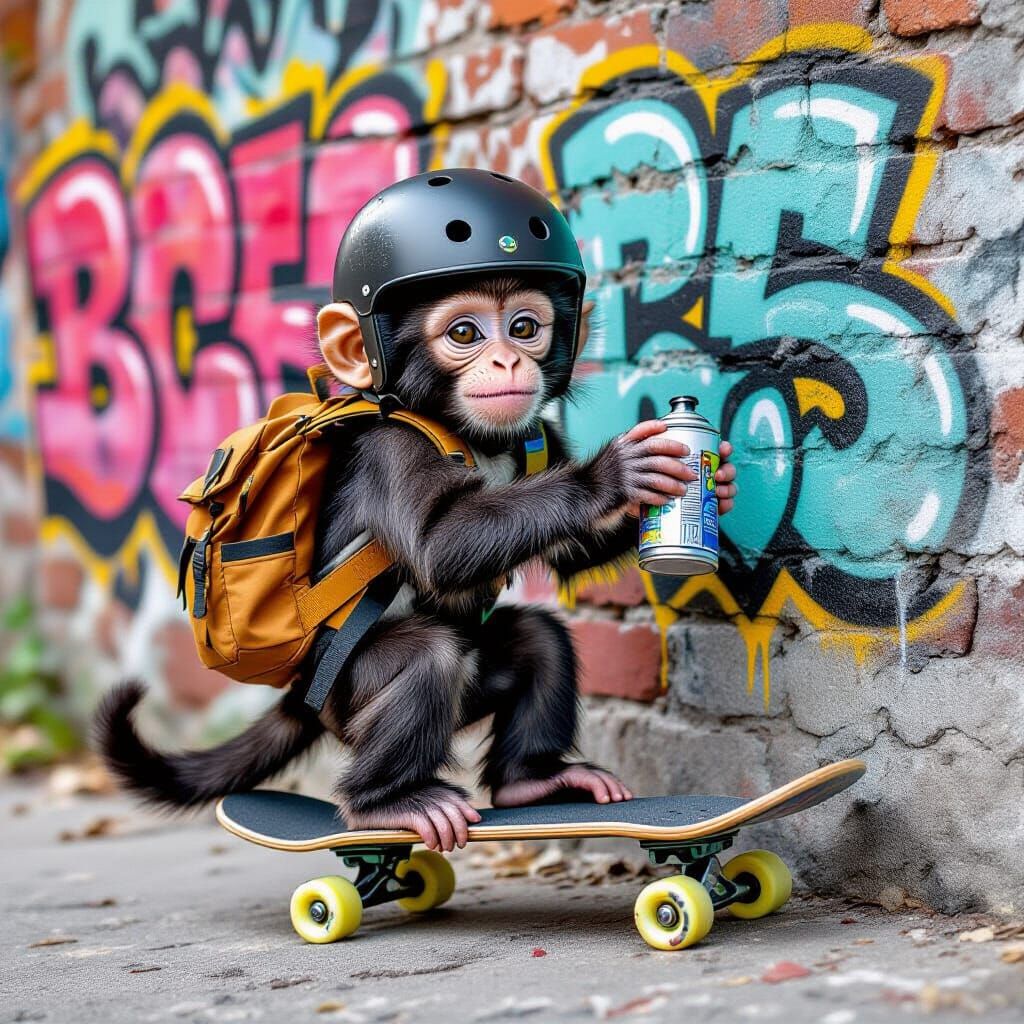 Baby Monkey Skateboarder Spray Paints Graffiti Art