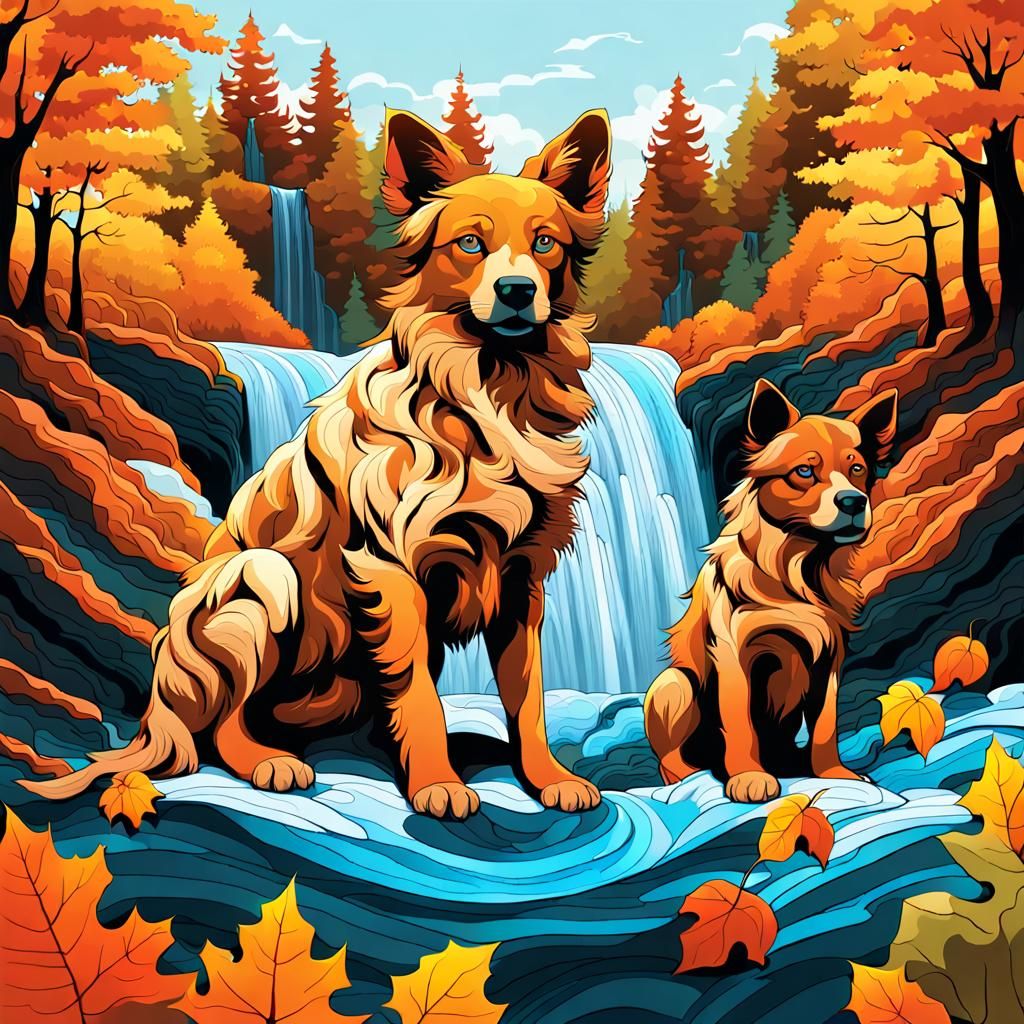 Fox Family in Autumn Forest, Abstract Vector Art