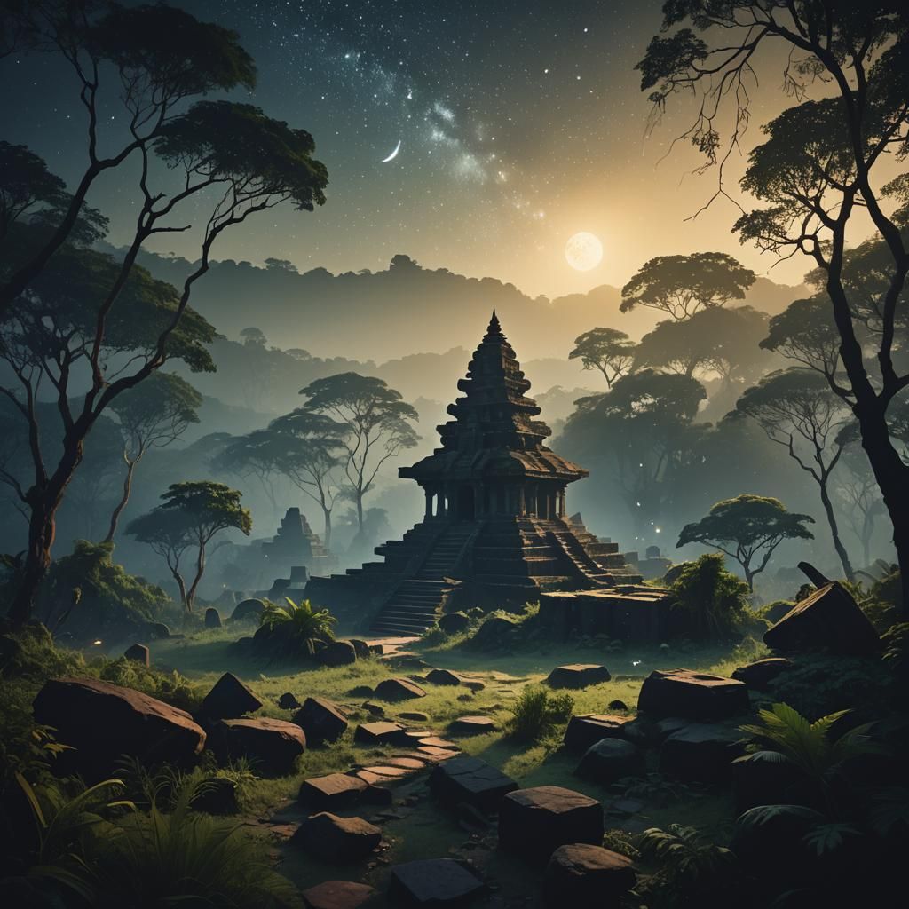 Mystical jungle shrine at twilight