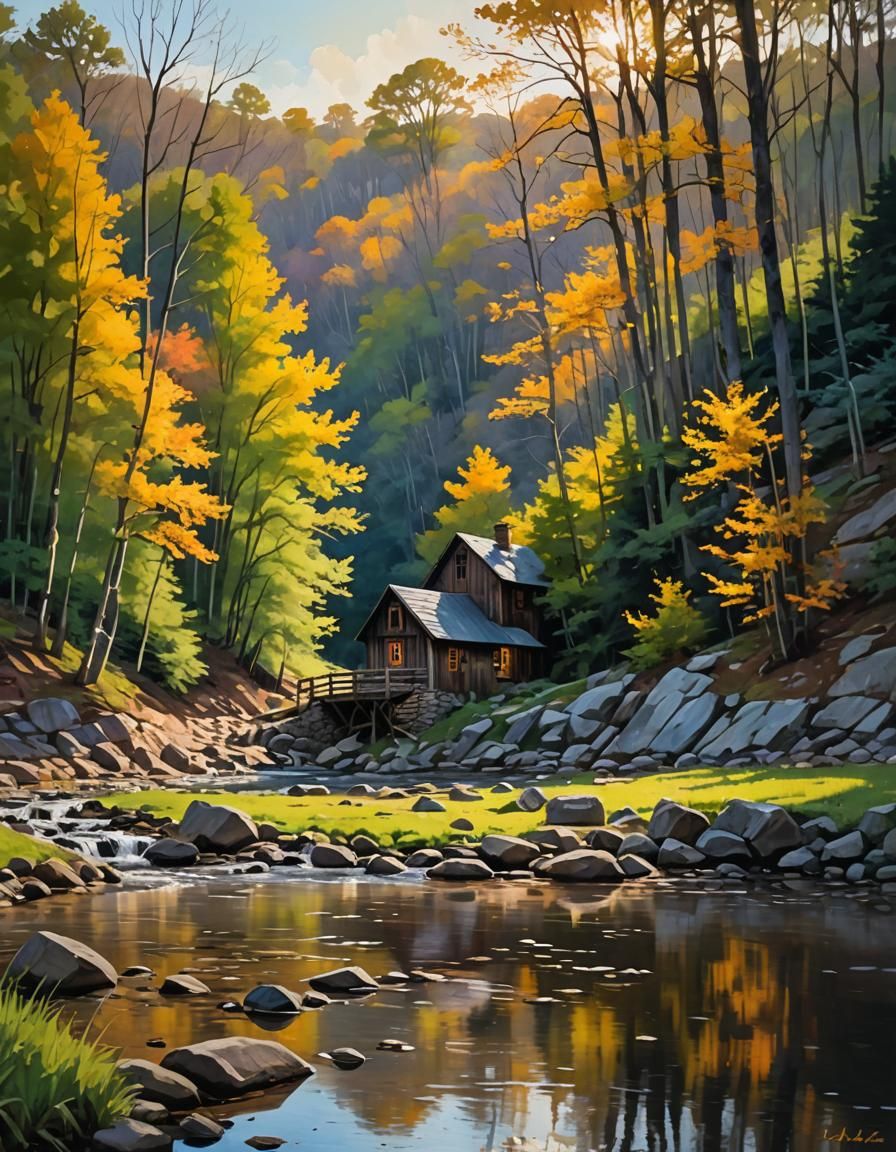 Ozarks Springhouse in Golden Light, Impressionist Gouache St...