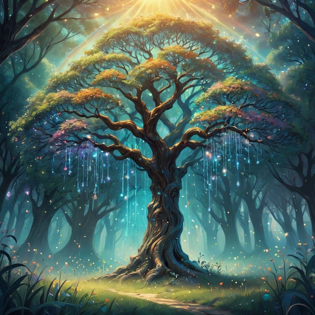 Enchanting Wishing Tree in a Vibrant Meadow