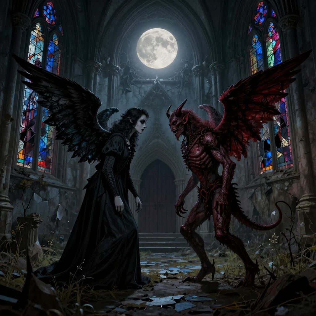 Gothic Angel and Demon in Abandoned Cathedral