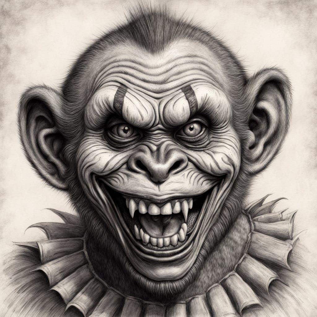 Hyperdetailed Pencil Sketch of a Grinning Zombie Clown Suspe...