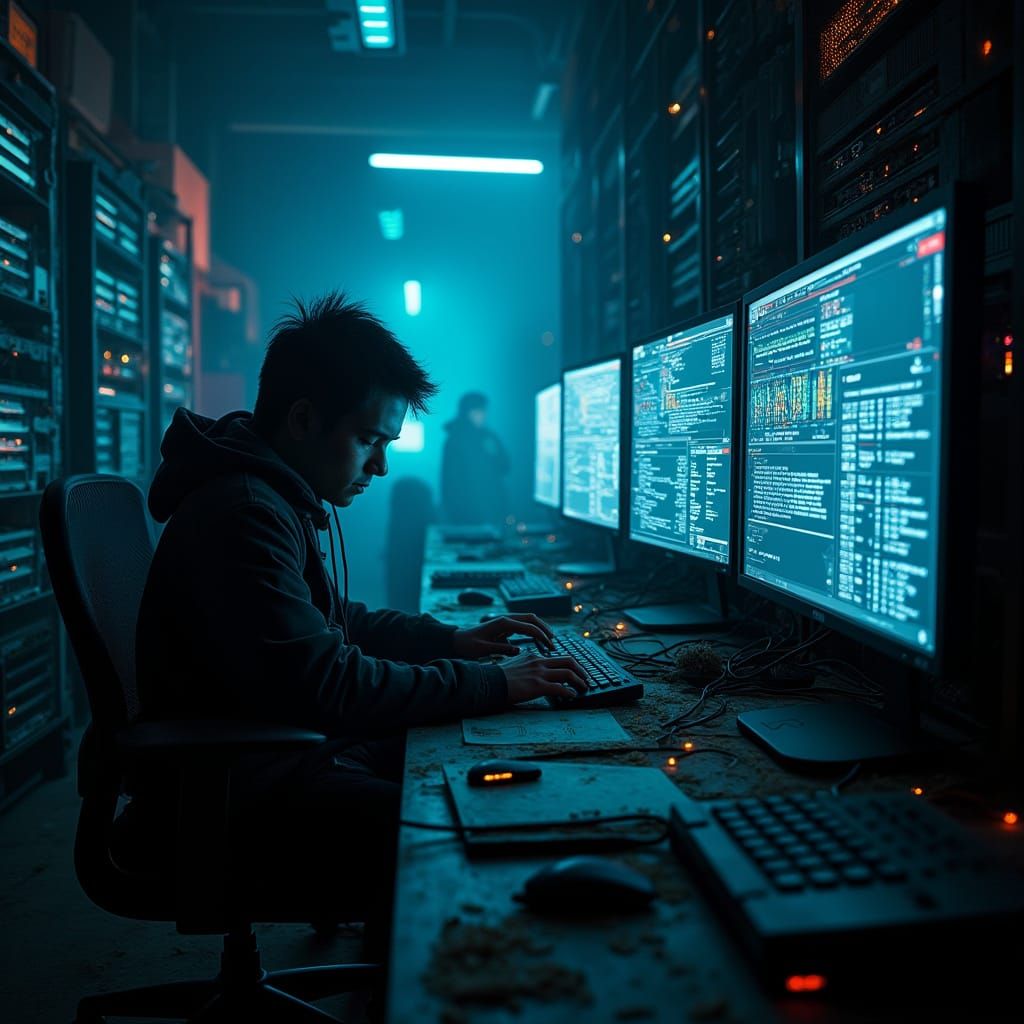 Cyberpunk Hacker in a Dimly Lit, High-Tech Lair