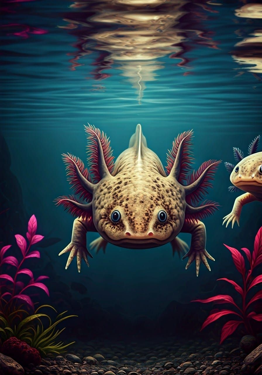 Vibrant Axolotls in a Deep Blue Gradient World