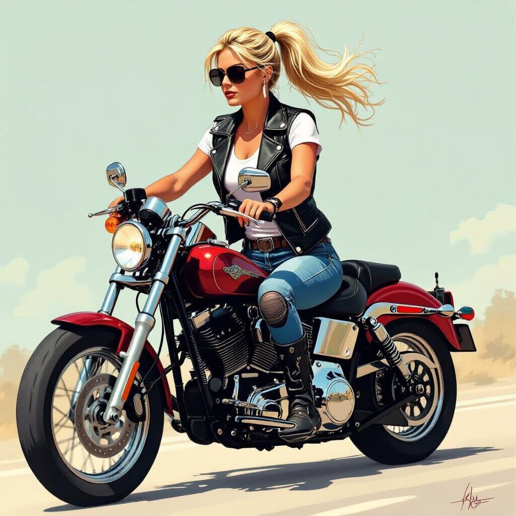Biker Woman on Harley Davidson in Retro Style