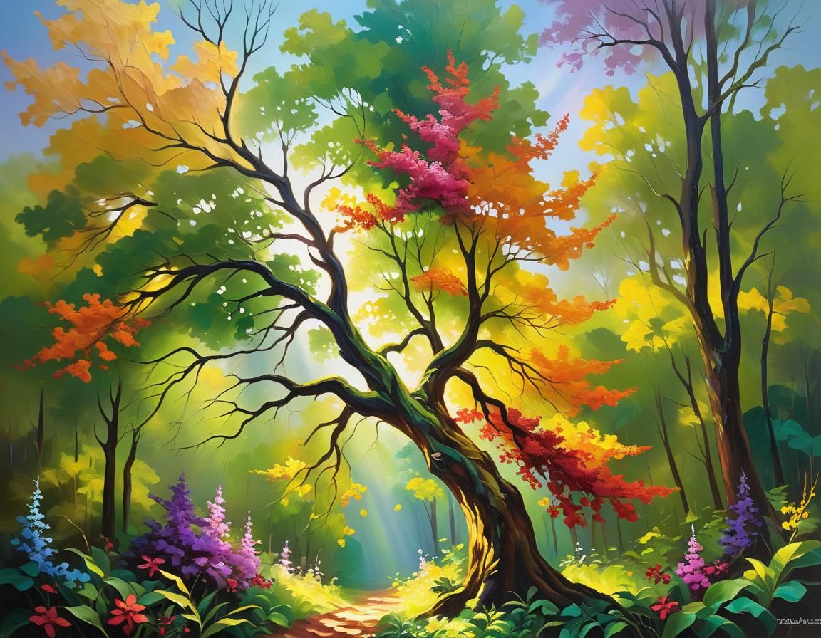 Mystical Glowing Tree in Dreamlike Forest as Impasto Paintin...