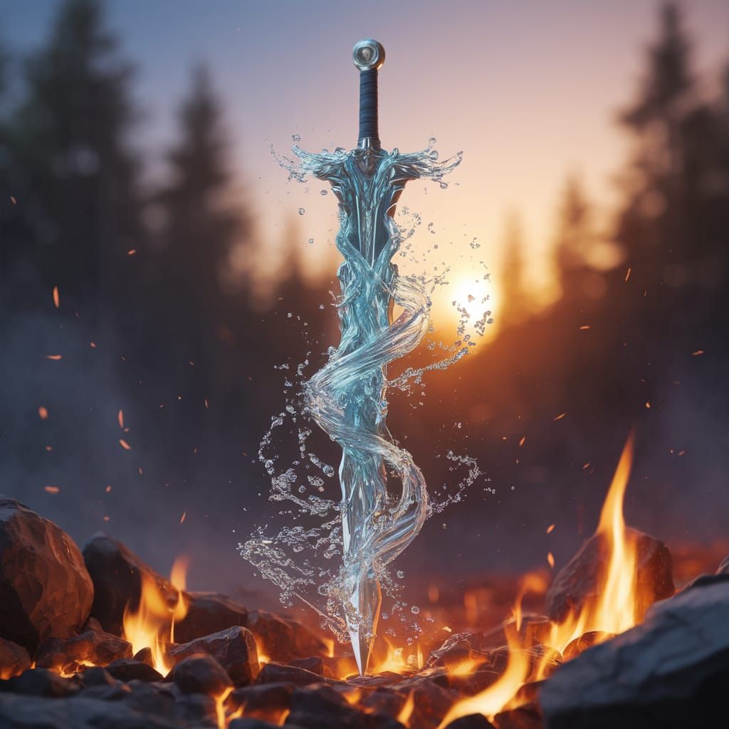 Majestic Water Sword Levitates Among Glowing Embers and Sere...