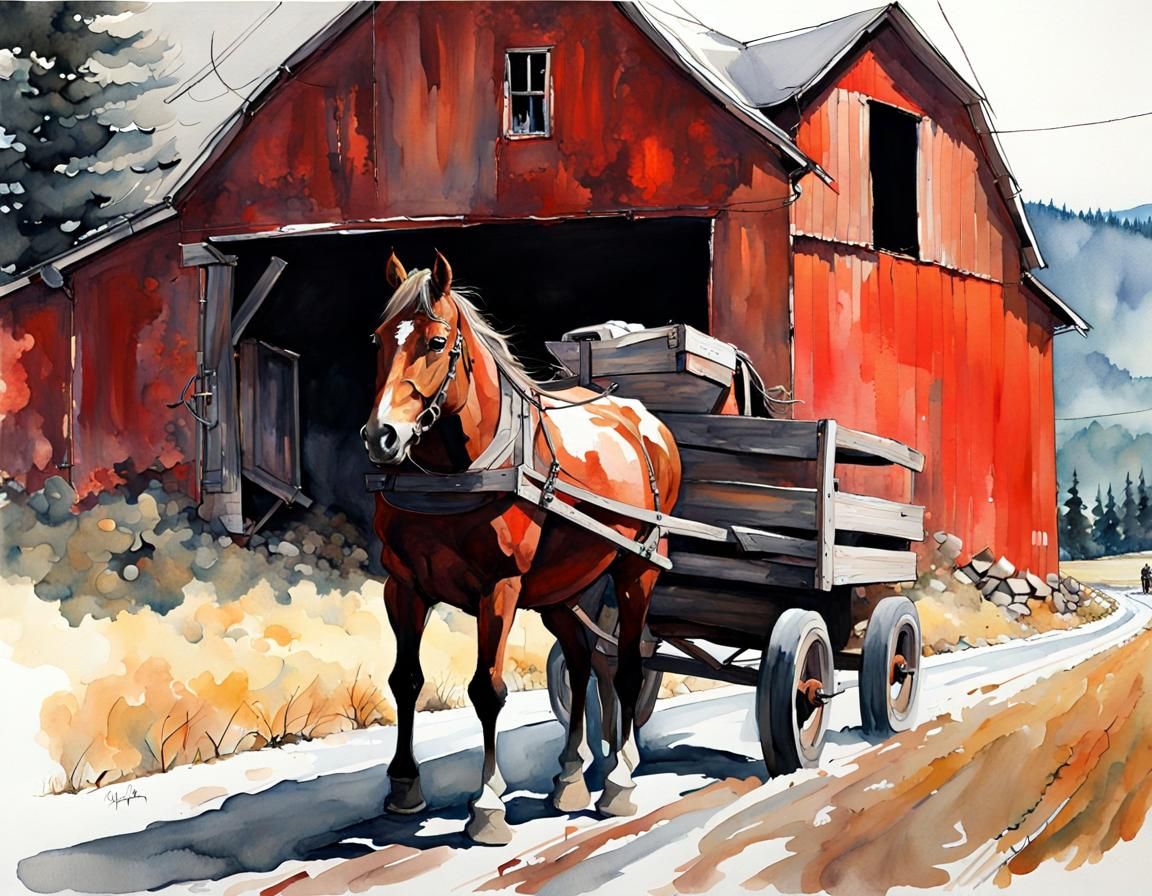 Watercolor Barn with Horse-Drawn Wagon