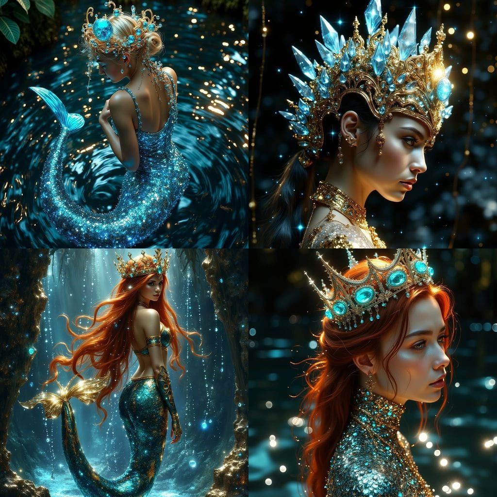 Dark Mermaid Queen in Resplendent Golden Tiara with Iridesce...