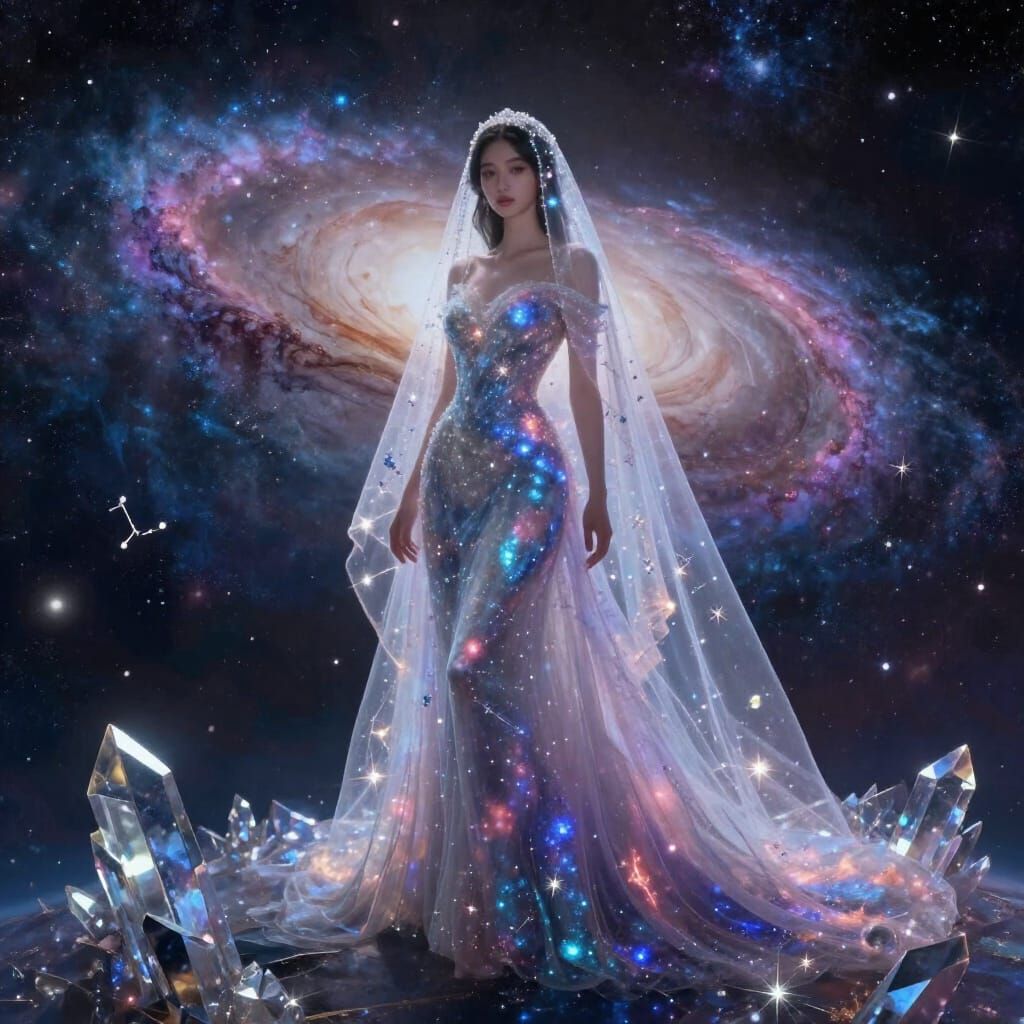 Celestial Bride on Crystalline Planet Overlooking Galaxy