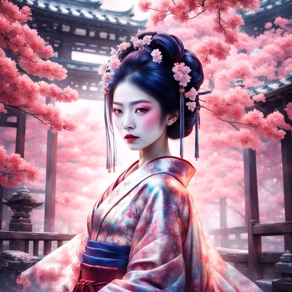Enchanted Geisha Double Exposure in Fantasycore Style