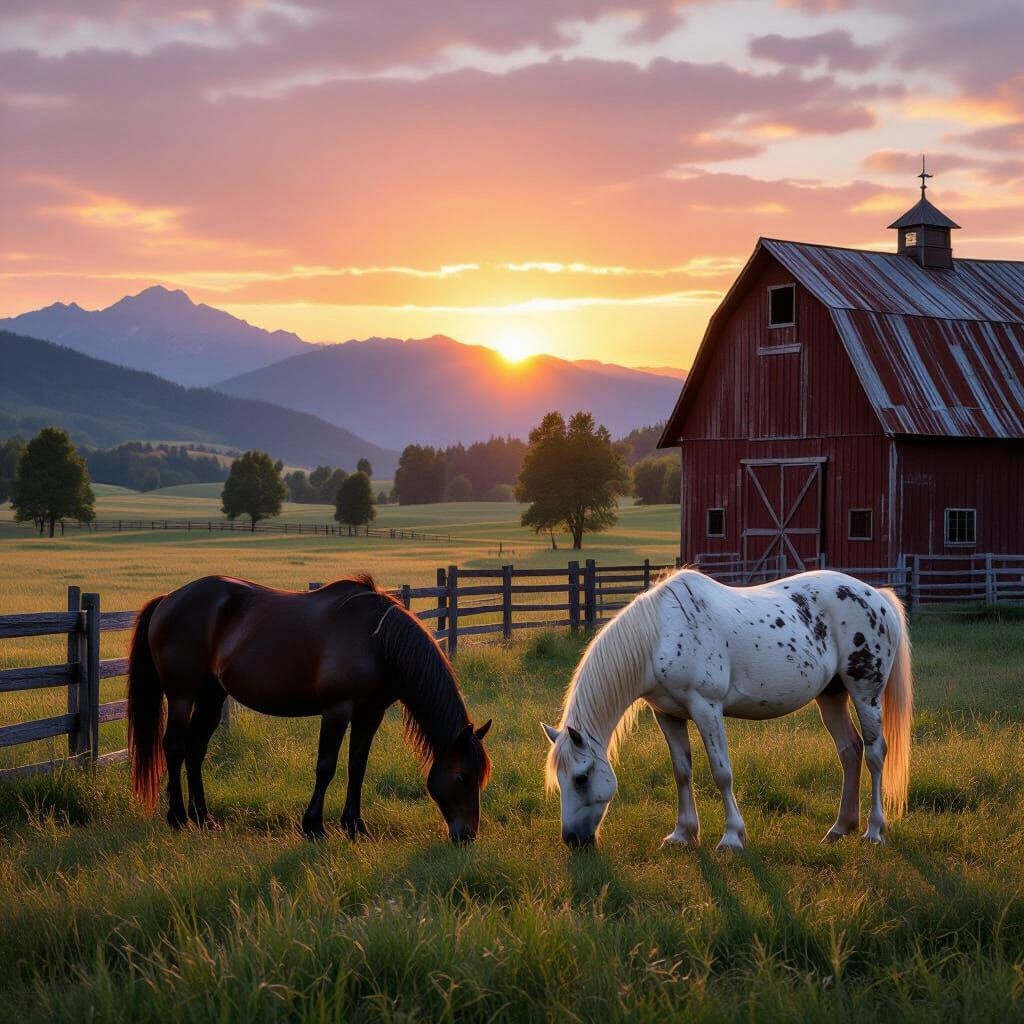 Horses Grazing at Sunset in Ethereal Glow