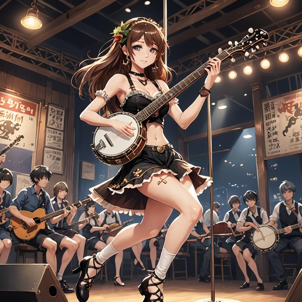 Anime Pole Dancer Plays Banjo in Manga Style