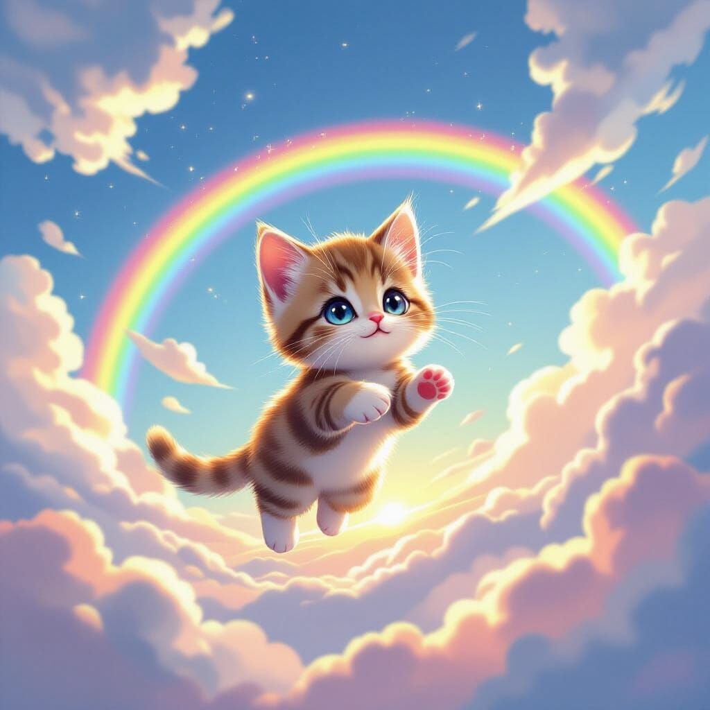 Kitten Flies Through Sky With Rainbow in Anime Style