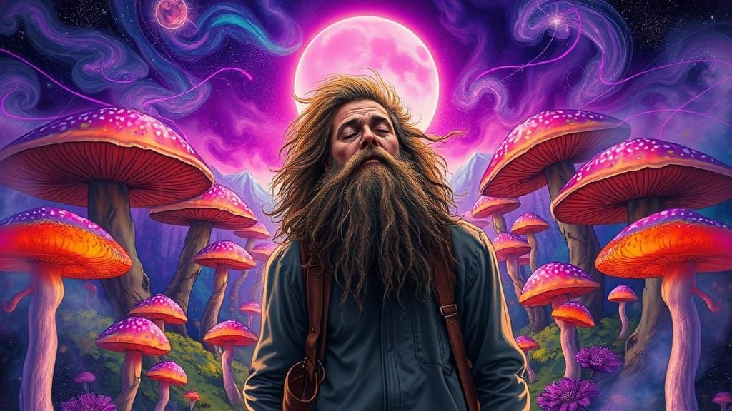 Visionary Mushroom Landscape: Outdoorsman in Dreamlike Fores...