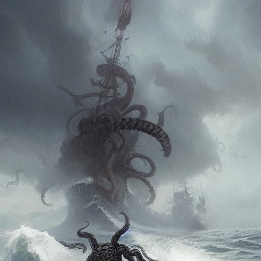 Kraken Attacks Pirate Ship in Stormy Seas
