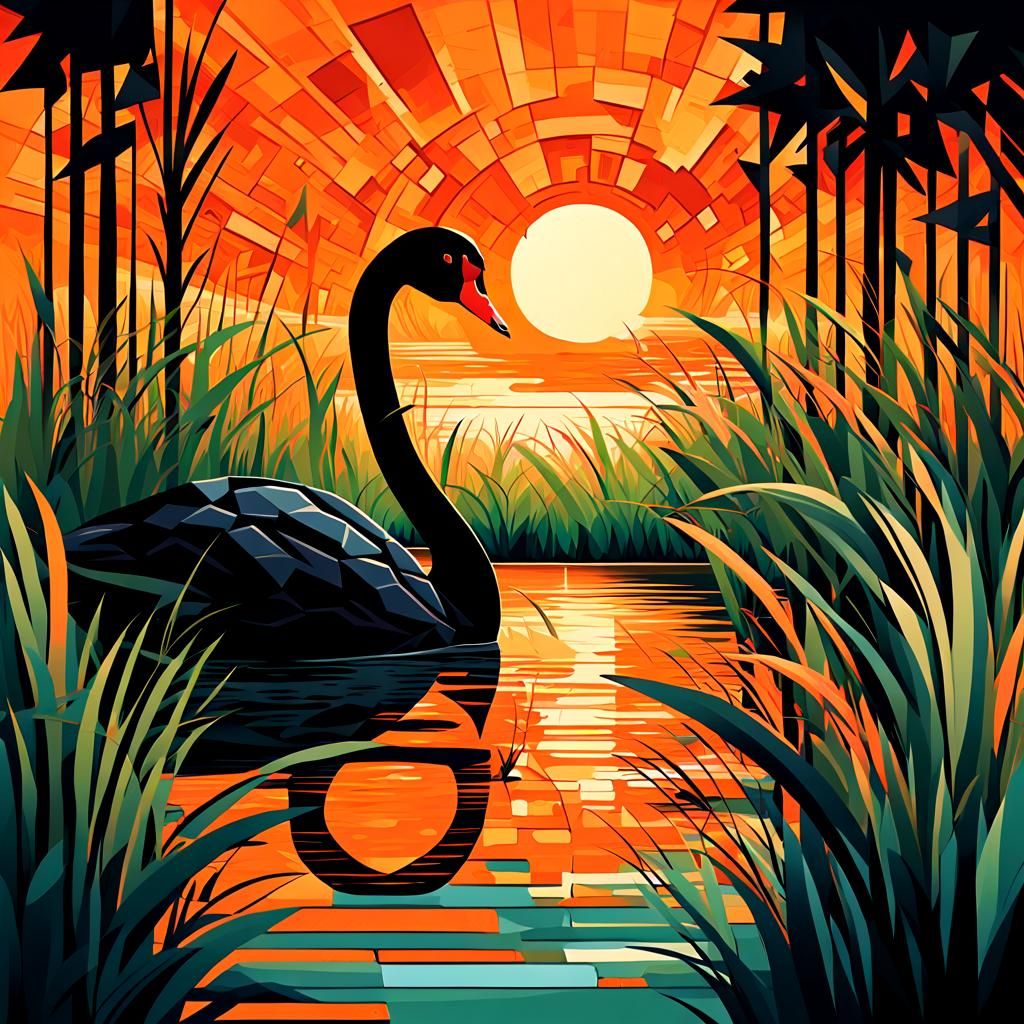 Black Swan in Geometric Fauvism Sunset