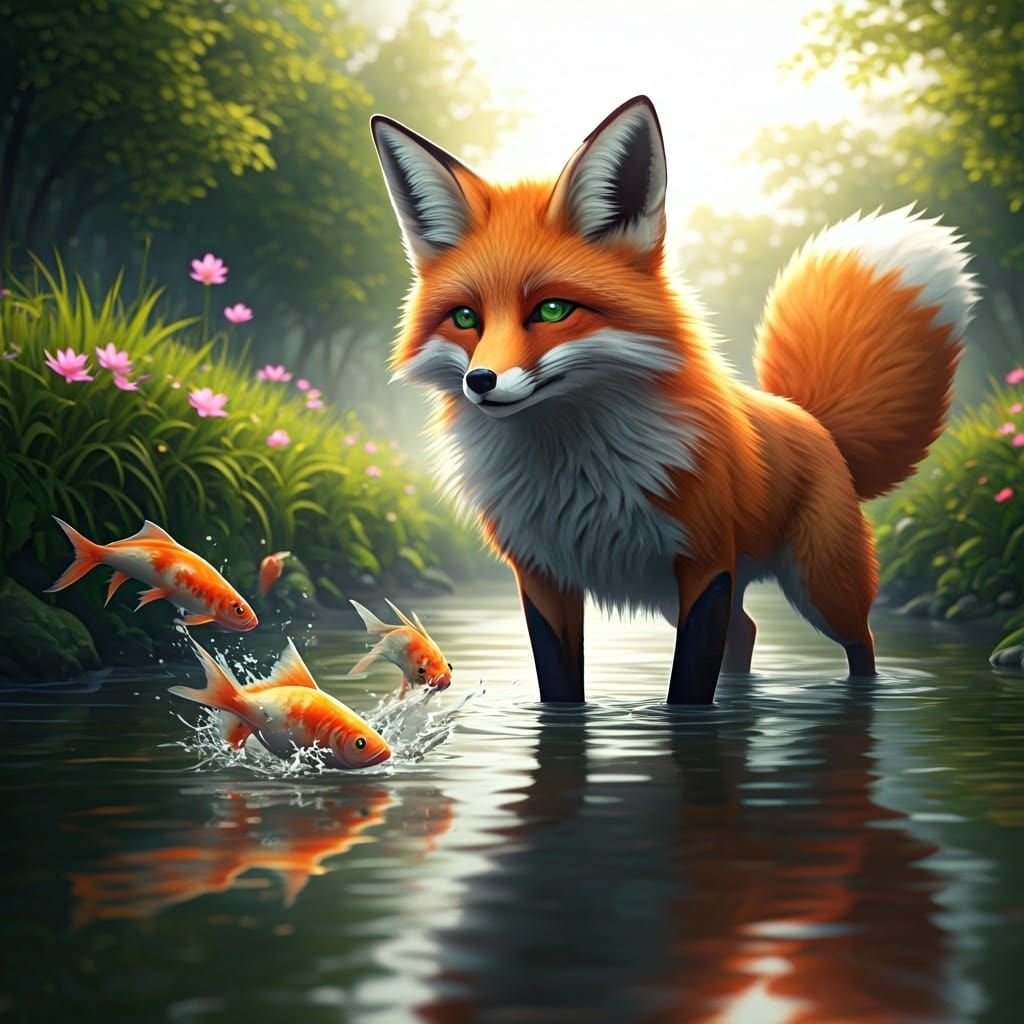 Majestic Fox in Whimsical Riverbank Scene